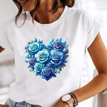 (Азиатский размер) Акварель любовь тренд Графические футболки Футболка Женская верхняя одежда Повседневная Цветочная мода Короткий рукав Принт Женская футболка S