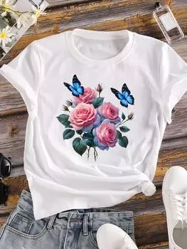 (Азиатский размер) Акварельные бабочки тренд 90-х Женская футболка Верхняя одежда Повседневная Цветочная мода Футболка с коротким рукавом Женская принт Женская графическая футболка S