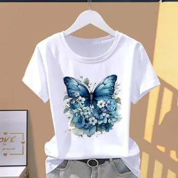 (Азиатский размер) Акварельные бабочки тренд Модный принт Футболки с коротким рукавом Одежда Футболка Женская Повседневная женская футболка с графическим рисунком S