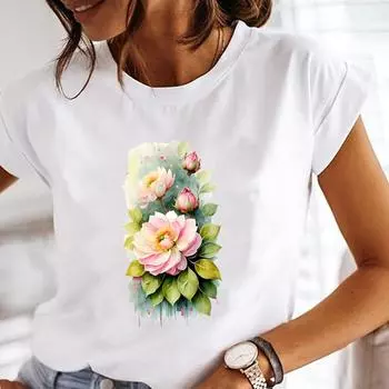 (Азиатский размер) Акварельные цветы, цветочные милые женские футболки, верхняя одежда, повседневная футболка с коротким рукавом и принтом, модные женские футболки с графическим принтом S