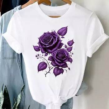 (Азиатский размер) Акварельные цветы Принт Женская футболка Верхняя одежда Повседневная Цветочная мода Футболка с коротким рукавом Женские графические футболки S