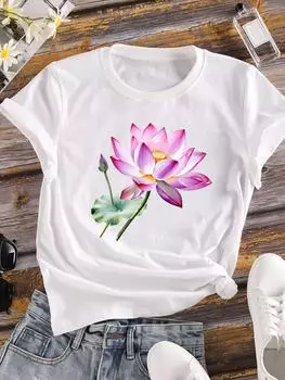 (Азиатский размер) Акварельные цветы тренд 90-х годов футболка с коротким рукавом повседневная футболка модная женская одежда принтованные женские футболки с круглым вырезом и графикой S