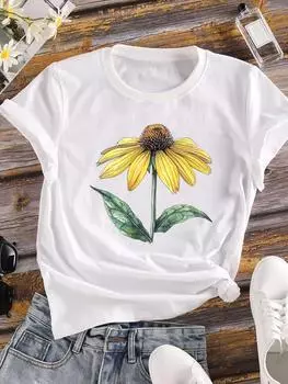 (Азиатский размер) Акварельный цветочный стиль 90-х годов футболка с коротким рукавом повседневная футболка модная женская одежда принтованные женские футболки с круглым вырезом и графикой S