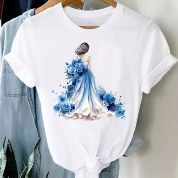 (Азиатский размер) Акварельный цветок 90-х Одежда Повседневная Цветочная Женская Футболка Топ Модная Футболка с Коротким Рукавом Принт Женская Графическая Футболка S