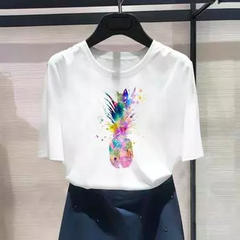 (Азиатский размер) Ананас, акварель, пляжный тренд, футболка с графическим рисунком, женская модная повседневная футболка с принтом, повседневная женская летняя футболка с коротким рукавом S