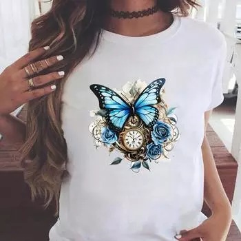 (Азиатский размер) бабочка 90-х тренд милый повседневный женский модный принт короткий рукав футболки одежда T женский топ графическая футболка S