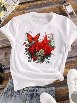 (Азиатский размер) бабочка 90-х тренд одежда повседневный принт женская женская футболка топ цветочный мода короткий рукав футболка женские графические футболки S