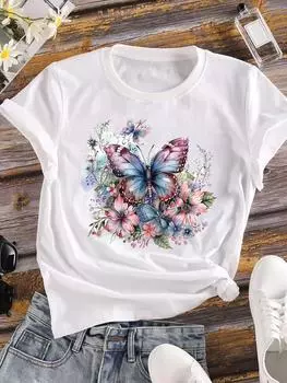 (Азиатский размер) Бабочка цветочный цветок Женские футболки Верхняя одежда Повседневная футболка с коротким рукавом футболка Модные принты женские графические футболки S