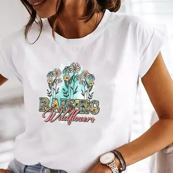 (Азиатский размер) Цветочная акварельная тенденция 90-х годов, милая футболка с короткими рукавами, модная футболка, женская одежда, повседневная женская футболка с принтом, женская футболка с рисунком S