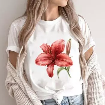 (Азиатский размер) Цветочный стиль прекрасный принт футболки с коротким рукавом повседневная женская модная одежда T женский топ с рисунком футболка S