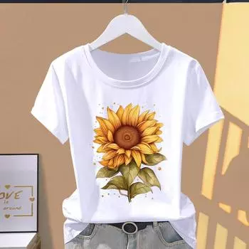 (Азиатский размер) Цветочный тренд в стиле 90-х годов, милая футболка с рисунком, одежда, женские повседневные модные женские повседневные футболки с короткими рукавами и принтом S