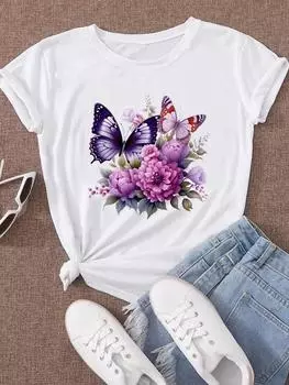 (Азиатский размер) Цветок и бабочка тренд 90-х годов, милая женская модная одежда с коротким рукавом, повседневная футболка, женская футболка с принтом, женские футболки с графическим рисунком S