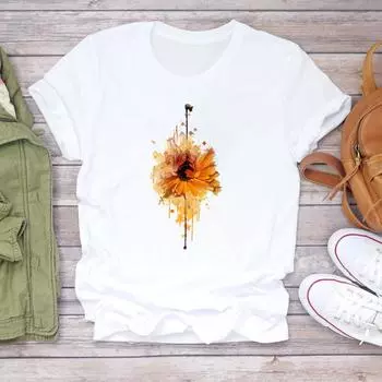 (Азиатский размер) Футболка акварель, сладкий тренд, милая верхняя модная повседневная одежда 90-х, футболка с коротким рукавом, женская футболка с круглым вырезом и графическим принтом S