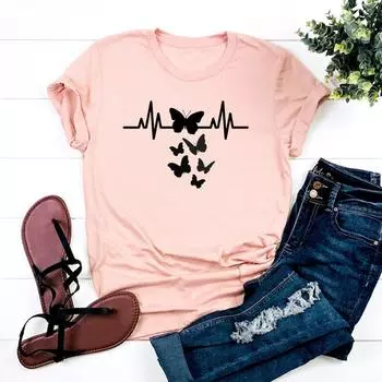 (Азиатский размер)Футболка Heartbeat Trend, милый стиль 90-х, одежда, повседневная женская футболка с коротким рукавом и принтом, женская модная футболка, женская футболка с графическим рисунком S