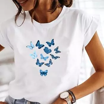 (Азиатский размер) Футболка Love Heart Butterfly Trend Одежда 90-х годов Модная футболка Повседневная женская футболка с коротким рукавом с принтом Женская женская футболка с графикой S