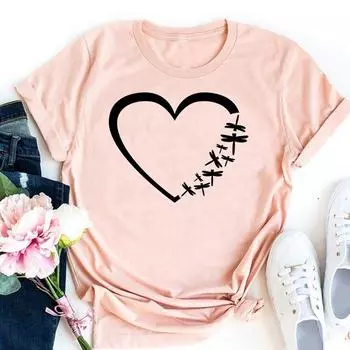 (Азиатский размер)Футболка Love Heart Dragonfly Trend Стиль 90-х годов Одежда Повседневная женская футболка с коротким рукавом с принтом Леди Модная футболка Женская футболка с рисунком S