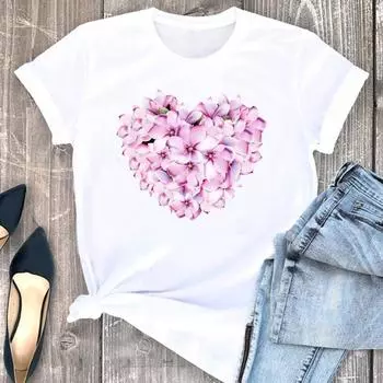 (Азиатский размер) Футболка Love Heart Flower Trend Sweet 90s Женская футболка Женская одежда с коротким рукавом с принтом Модные футболки с графикой S