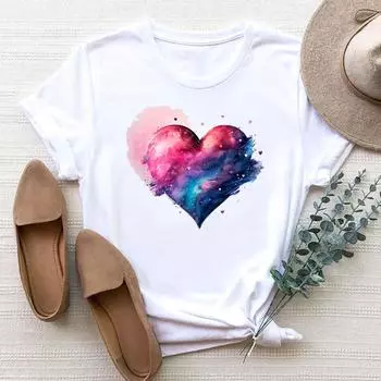 (Азиатский размер) Футболка Love Heart Trend, сладкий стиль 90-х, женская одежда, модная футболка с принтом, женские футболки с коротким рукавом и графикой S