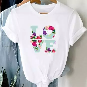 (Азиатский размер)Футболка Love Letter Flower Trend 90-х годов Модная футболка Женская женская одежда с принтом Повседневная женская футболка с коротким рукавом с графическим рисунком S