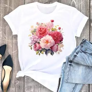 (Азиатский размер) Футболка, милый стиль, цветочный тренд, женская футболка 90-х годов, женская одежда с коротким рукавом, модные футболки с графическим принтом S