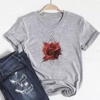 (Азиатский размер)Футболка, модная футболка, одежда 90-х годов, милая милая цветочная трендовая повседневная женская футболка с коротким рукавом и принтом, женская футболка с рисунком S