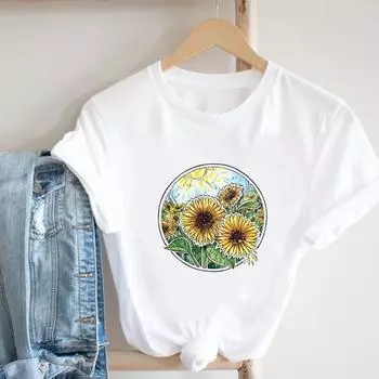 (Азиатский размер)Футболка, модная футболка, повседневная футболка с цветочным принтом и рисунком, милая женская одежда с принтом, женская футболка с коротким рукавом и графикой S
