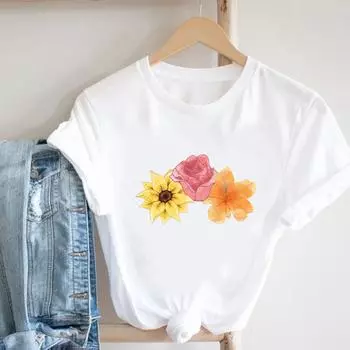 (Азиатский размер)Футболка, модная футболка с цветочным рисунком, акварель, милая, милая, повседневная женская одежда, женская футболка с коротким рукавом и принтом, графическая футболка S