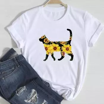 (Азиатский размер)Футболка модная футболка с цветочным принтом кота, тренд 90-х годов, милая повседневная женская одежда с принтом, женская футболка с коротким рукавом и графикой S