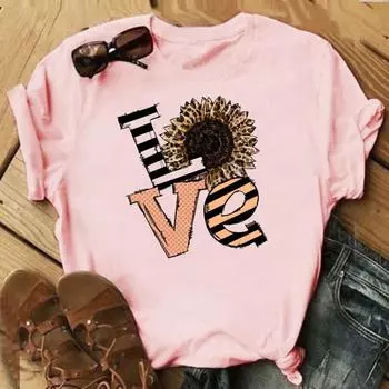 (Азиатский размер)Футболка, модная футболка с надписью «Love Flower», милая трендовая футболка 90-х годов, одежда, повседневная женская футболка с коротким рукавом и принтом, женская женская футболка с графикой S