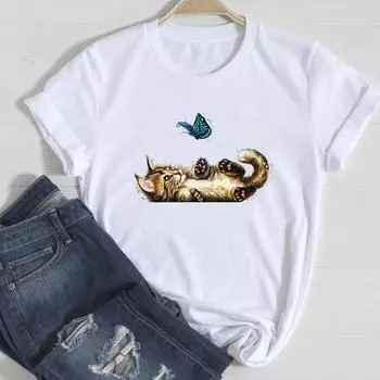 (Азиатский размер)Футболка, модная футболка с рисунком кота, прекрасная акварель, 90-е годы, повседневная женская одежда, женская футболка с коротким рукавом и принтом S
