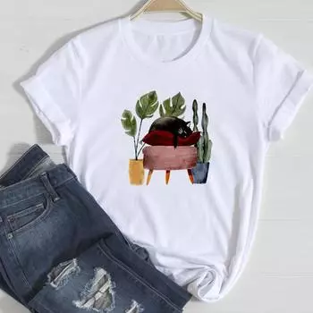 (Азиатский размер)Футболка, модная футболка с рисунком кота, милое животное, милая повседневная женская одежда, женская футболка с коротким рукавом и принтом S