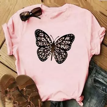 (Азиатский размер)Футболка модная леопардовая футболка в стиле бабочки 90-х годов, одежда, повседневная женская футболка с коротким рукавом и принтом, женская футболка с графикой S