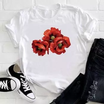 (Азиатский размер)Футболка модная с цветочным принтом в милом стиле, тренд 90-х годов, женская футболка с принтом, одежда, повседневная женская футболка с коротким рукавом и графикой S