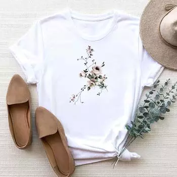(Азиатский размер) Футболка модная с цветочным принтом, милый стиль, милая трендовая женская футболка с принтом, женская летняя женская футболка, футболки с короткими рукавами и графикой S
