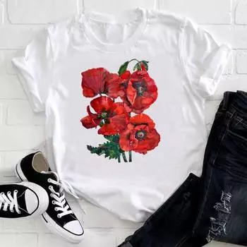(Азиатский размер)Футболка модная сладкая с цветочным принтом в стиле 90-х годов, милая стильная женская футболка с принтом, женская футболка, одежда, повседневная женская футболка с коротким рукавом с графическим рисунком S