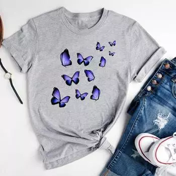 (Азиатский размер)Футболка модная женская футболка с принтом женская бабочка милая 90-х годов трендовый стиль графическая одежда повседневная футболка с коротким рукавом S