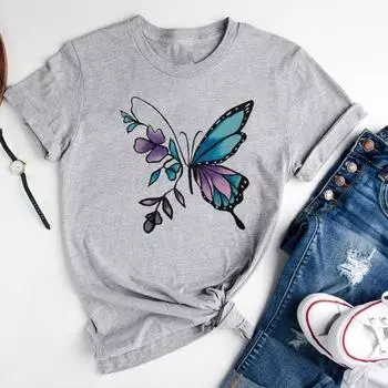 (Азиатский размер)Футболка, модный цветок, прекрасный тренд, стиль 90-х годов, футболка с крыльями, женская футболка с принтом, женская графическая одежда, повседневная футболка с коротким рукавом S