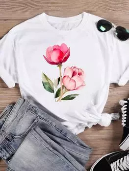 (Азиатский размер) Футболка Одежда Акварельный стиль 90-х годов Прекрасный цветок Повседневная мода с принтом Женская повседневная женская верхняя футболка с рисунком Футболки с короткими рукавами S
