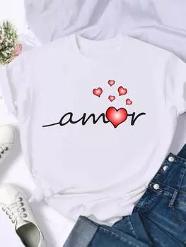 (Азиатский размер) Футболка, одежда, акварель, стиль любви, милые повседневные модные принты, женские повседневные женские топы с графическим рисунком, футболки с короткими рукавами S