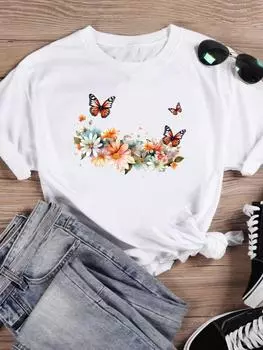 (Азиатский размер) Футболка Одежда Бабочка Цветок Стиль Тенденция Повседневная мода с принтом Женская повседневная женская верхняя футболка с рисунком Футболки с короткими рукавами S