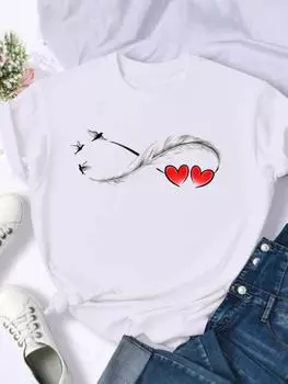 (Азиатский размер) Футболка Одежда Любовь Сердце Перо Тенденция Симпатичные Повседневные Модные Принты Женский Повседневный Женский Топ Графический Футболка Футболки с Коротким Рукавом S