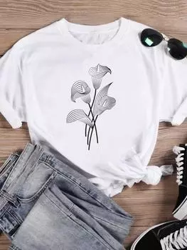 (Азиатский размер) Футболка Одежда Повседневная Цветочный Стиль Акварель Тенденция 90-х годов Модный принт Женский Повседневный женский топ Футболка с коротким рукавом с рисунком S