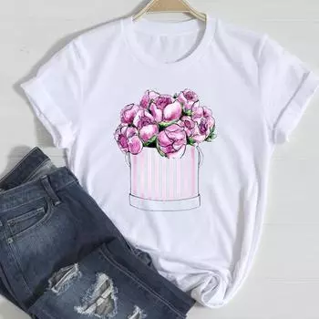 (Азиатский размер)Футболка, одежда, повседневная милая тенденция, стиль 90-х, цветочный топ, модная футболка с коротким рукавом, женская футболка с принтом, женская футболка с рисунком S