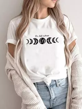 (Азиатский размер) Футболка Одежда Стиль Лунный тренд Прекрасный Повседневный модный принт Женский повседневный женский топ Графический футболки с короткими рукавами S