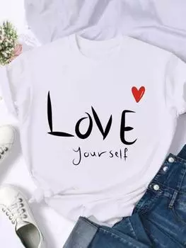 (Азиатский размер) Футболка, одежда, стиль с надписью Love, милая повседневная модная футболка с принтом, женская повседневная женская футболка с графическим принтом, футболки с короткими рукавами S