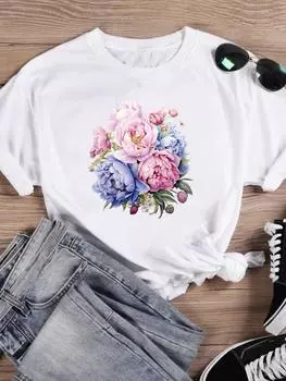 (Азиатский размер) Футболка, повседневная акварель, милый стиль, тренд, модный женский топ с принтом, женская повседневная футболка с рисунком, футболка с коротким рукавом S