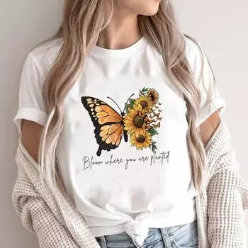 (Азиатский размер)Футболка, повседневная футболка с цветочным принтом, милая футболка в стиле 90-х с модным принтом, женская повседневная женская футболка с рисунком, футболка с коротким рукавом S