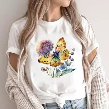 (Азиатский размер)Футболка, повседневная футболка с рисунком бабочки, милая модная женская футболка с коротким рукавом в стиле 90-х годов, повседневная женская футболка с принтом S