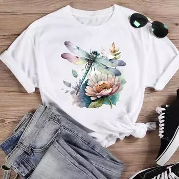 (Азиатский размер)Футболка, повседневная футболка со стрекозой, акварелью, милая, милая, модная, с принтом, женская, повседневная, женская, футболка с рисунком, футболка с коротким рукавом S