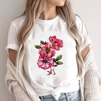 (Азиатский размер)Футболка, повседневная модная футболка с милым цветочным принтом в стиле 90-х, женская повседневная женская футболка с коротким рукавом и графическим принтом S